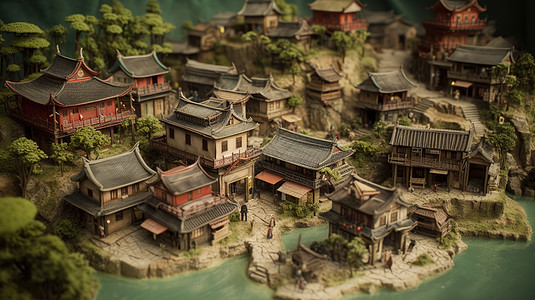微观古代小镇模型背景图片