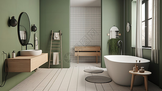 浴室面盆小清新绿色浴室插画