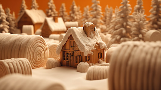 冬日的微观毛毡小房子图片