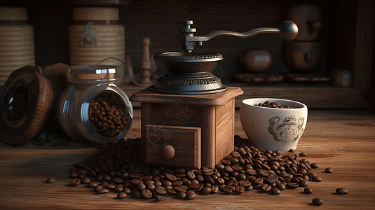 机器手木头手磨咖啡机器插画