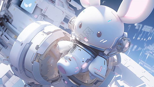 在空间站穿着太空服的卡通小白兔图片