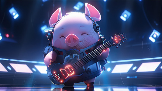 在舞台上弹吉他的卡通小猪图片