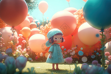 六一儿童节梦幻场景彩色缤纷气球开心的小女孩图片