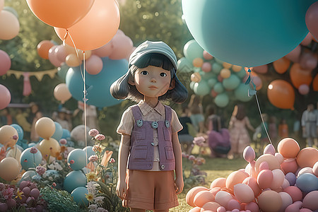 六一儿童节梦幻场景彩色缤纷气球开心的小女孩背景图片
