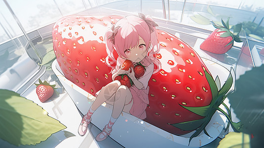 坐在超大草莓边上的可爱的 卡通小女孩图片