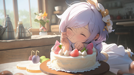 趴在蛋糕前吃蛋糕的可爱的卡通小女孩图片