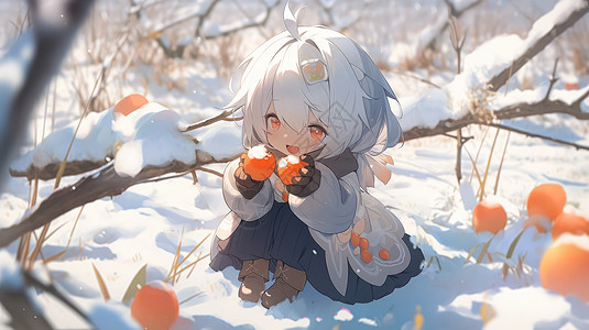 坐在雪地里手拿橘子的可爱的卡通小女孩图片