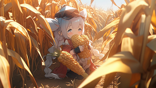 秋天坐在玉米地里抱着玉米的可爱的小女孩图片