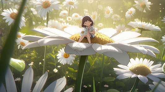 在巨大小雏菊里坐着的悲伤的小女孩图片