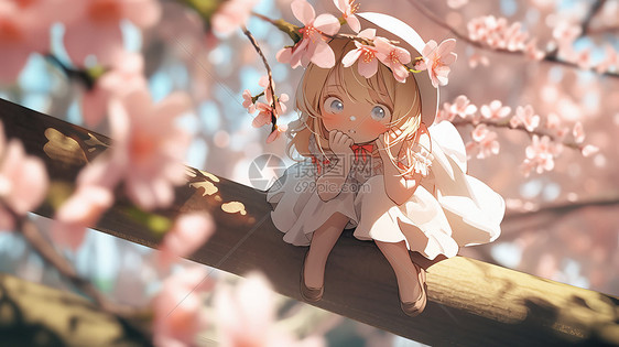 坐在桃树上欣赏花朵大的可爱的小女孩图片