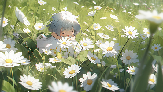 在小雏菊花丛中睡觉的卡通小女孩图片