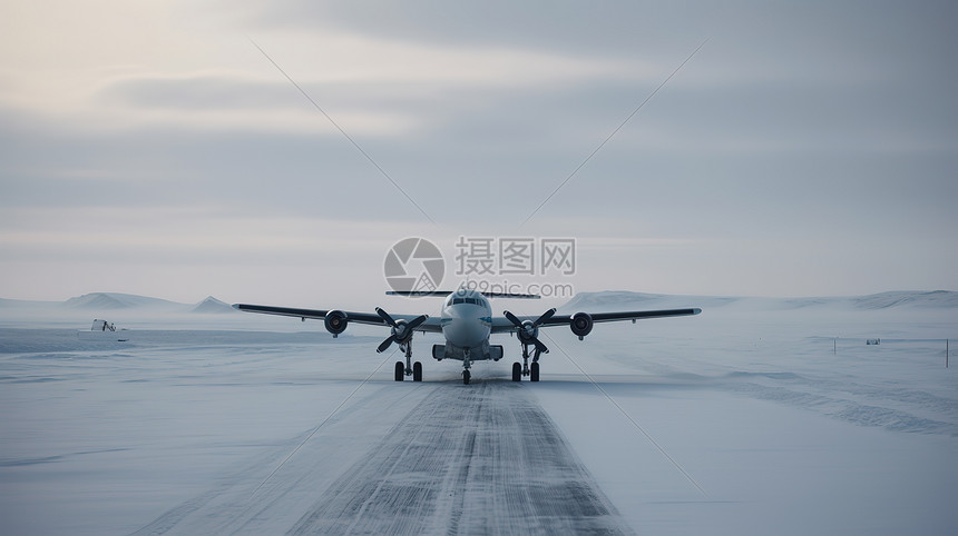 冬天雪地里起飞的飞机图片