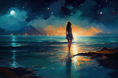 一个女孩在星光灿烂的天空下漫步在水边油画图片