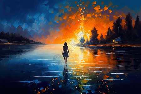 一个女孩在星光灿烂的天空下漫步在水边油画图片素材