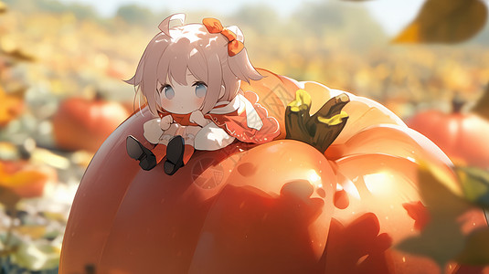 坐在巨大的水果上面的一个小女孩图片