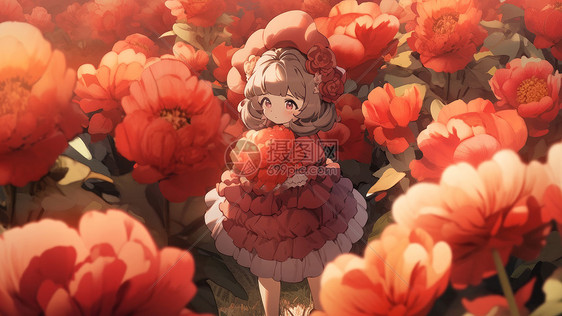在红色花丛中一个穿红色裙子的可爱的卡通小女孩图片