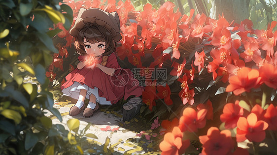 坐在红色花丛中一个可爱的卡通小女孩图片