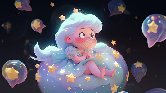坐在梦幻星星气球上可爱的3D小公主图片
