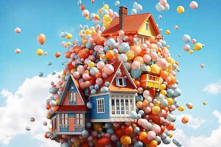 被彩色气球围绕的空中房子图片