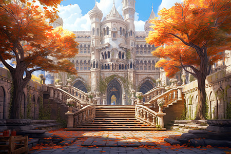 城堡庭院秋天气氛高清图片
