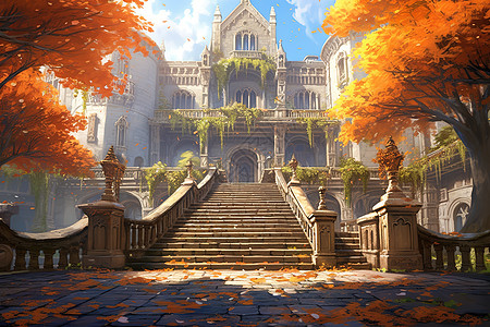 城堡庭院深秋的枫叶高清图片