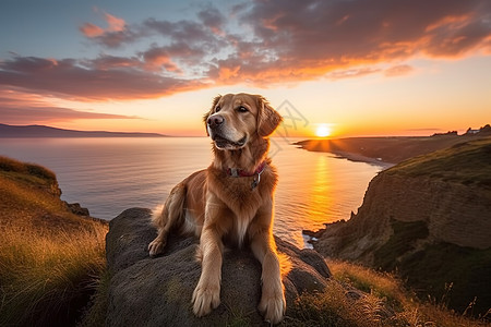 海边悬崖上的日落金毛欣赏美景图片