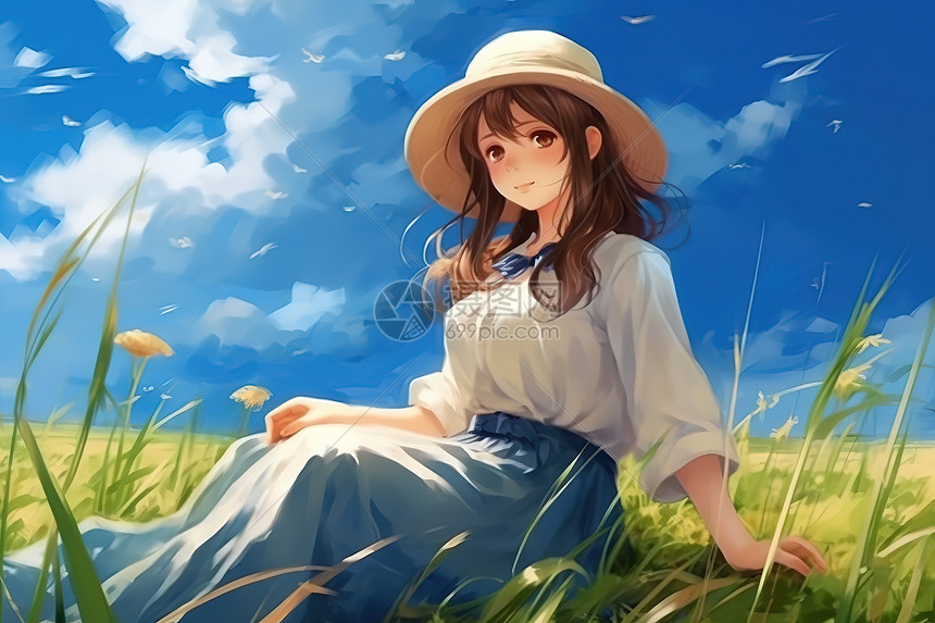 坐在草原上的动漫女孩图片