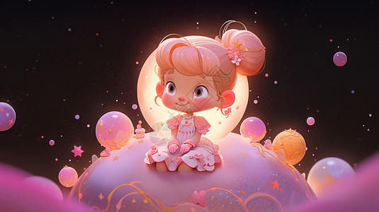 坐在梦幻星星气球上的卡通小公主图片