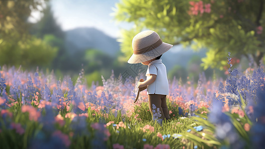 站在紫色花丛中戴着草帽的小男孩图片