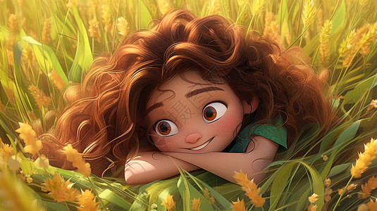 趴在绿色草丛中可爱的卷发小女孩3D图片