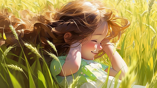 在绿麦子地里开心大笑的卷发长发卡通小女孩图片