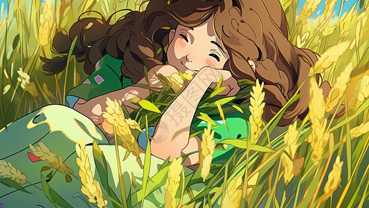 躺在麦子地里的长发卷发卡通小女孩图片