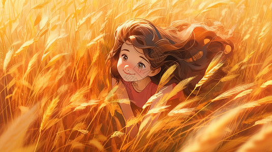 卡通长发女孩在金黄色的麦子地里高清图片