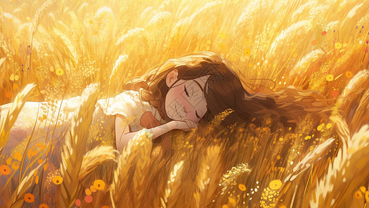 躺在金色麦田里的长发卡通小女孩图片