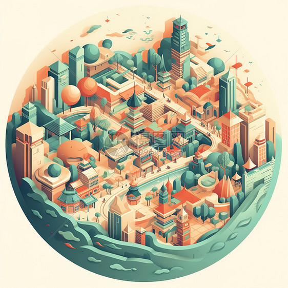 圆形立体卡通城市建筑图片