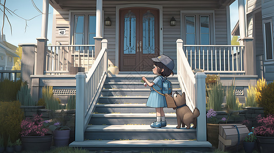 一个小女孩跟一只小狗站在房子前图片