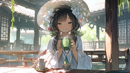 坐在亭子里喝茶的可爱的卡通小女孩图片