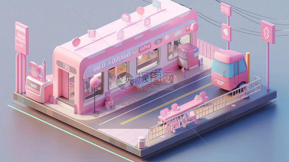 可爱的粉色卡通车站商店图片