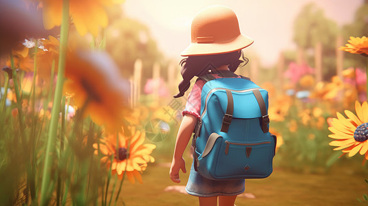 背着蓝色双肩包去旅行徒步的可爱的小女孩背影图片