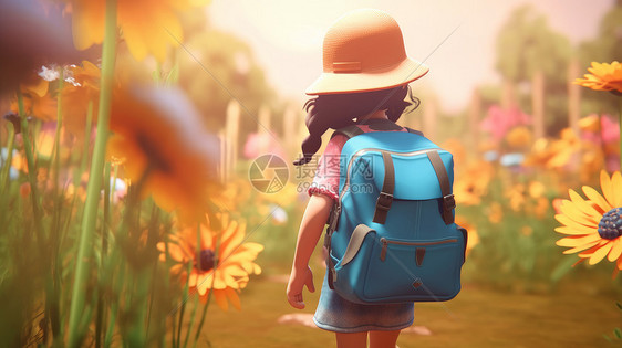 背着蓝色双肩包去旅行徒步的可爱的小女孩背影图片