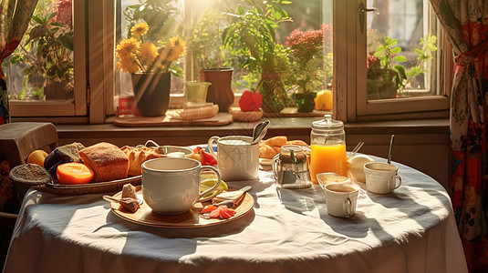 窗边桌子上晨光早餐高清图片