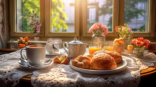 窗边的早餐面包咖啡图片