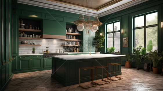 复古低调奢华的欧式开放式大理石台面厨房图片