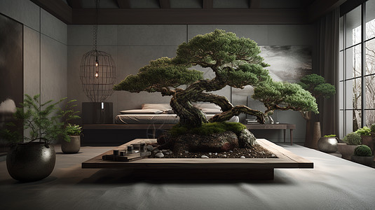 新中式卧室客厅里独特造型的绿色松树盆景高清图片
