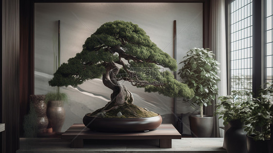 新中式客厅里独特造型的绿色松树盆景图片