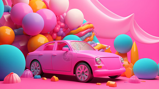可爱的粉色汽车被五颜六色的气球包围图片