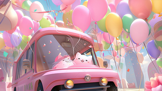 可爱的宠物们开着粉色汽车去旅行图片