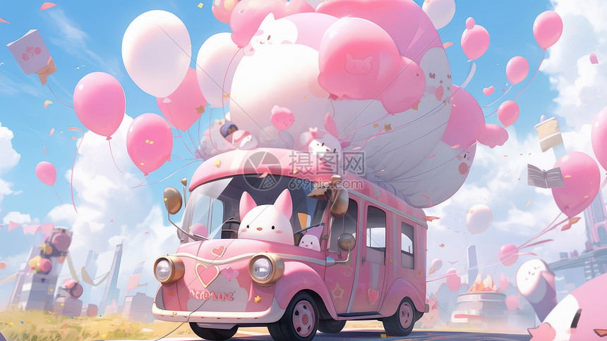 萌宠开着粉色汽车带着很多可爱的气球去旅行图片