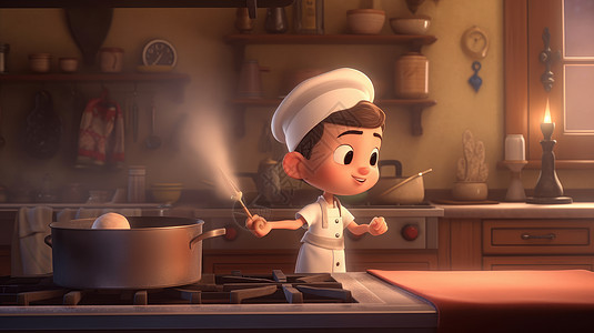 在厨房里忙碌的小厨师卡通男孩图片
