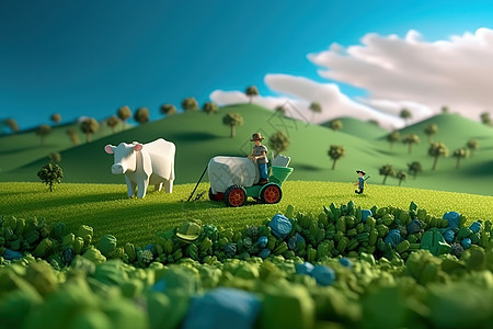 农民在郁郁葱葱的绿地上耕地3D场景图片